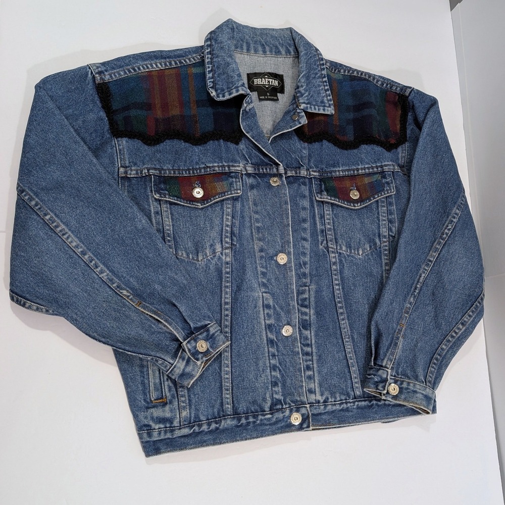 Braetan Vintage Denim Jacket Plaid Wool Trim Southwestern Trucker 90s Boho Small